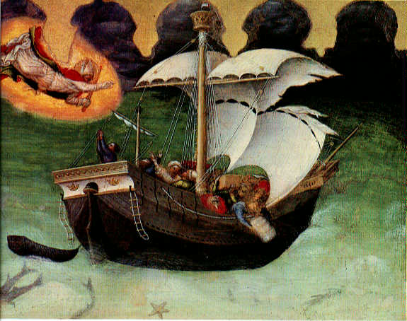 詹蒂莱·达·法布里亚诺(Gentile da Fabriano，意大利)作品-Quaratesi祭坛画，圣尼古拉斯拯救了一艘被风暴抛锚的船