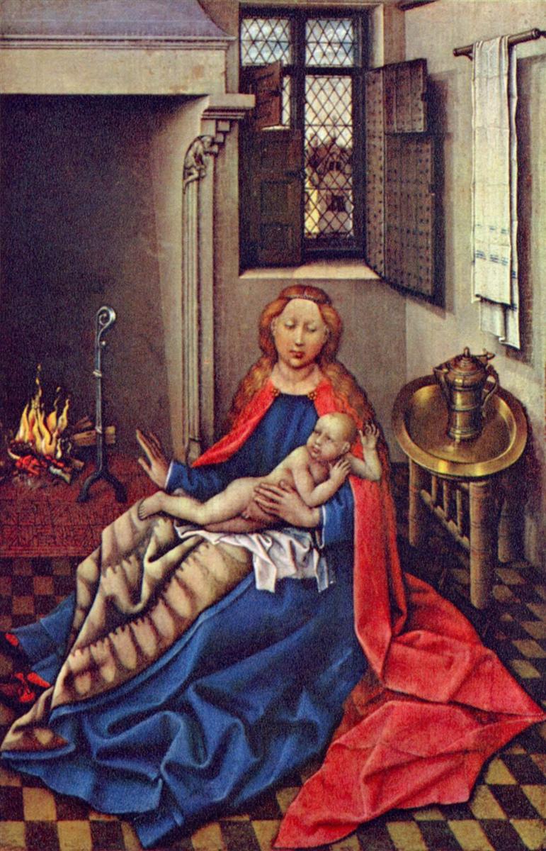 <a href=https://www.kuhw.com/e/tags/?tagid=1081 target=_blank class=infotextkey>罗伯特</a>·坎平（Robert Campin，1375-1444 年，佛兰芒画家）作品-壁炉前的麦当娜和孩子