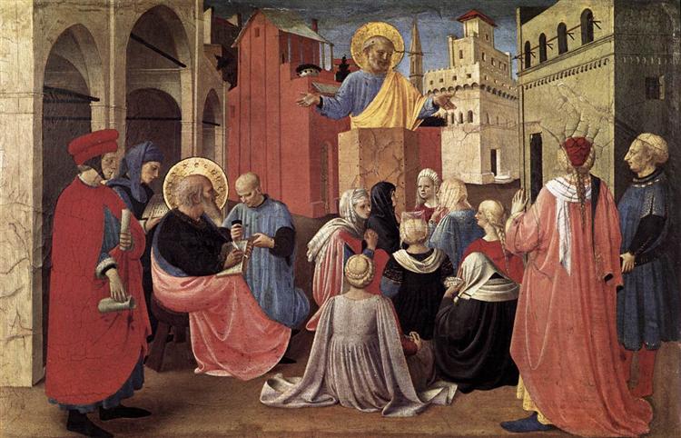 弗拉·安杰利科（Fra Angelico，意大利，1400-1455）作品-圣彼得在圣马可面前讲道