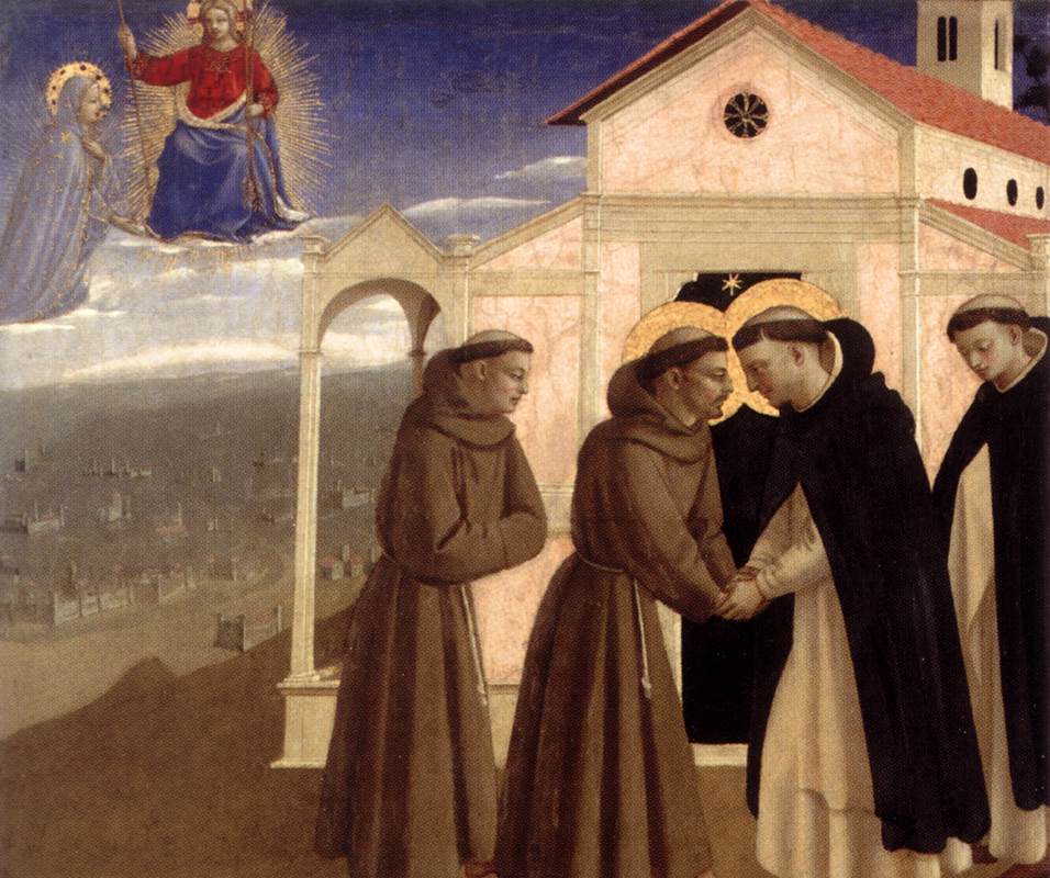 弗拉·安杰利科（Fra Angelico，意大利，1400-1455）作品-圣弗朗西斯和圣多米尼克的会议