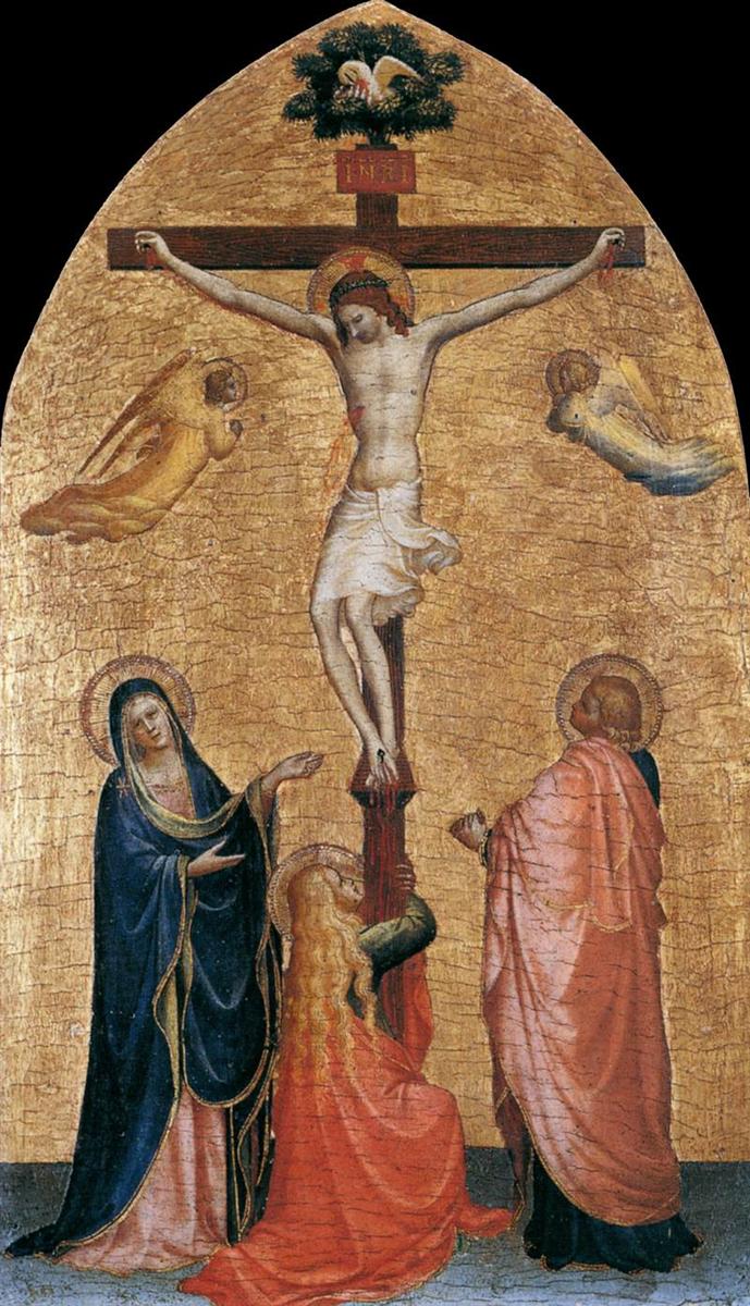 弗拉·安杰利科（Fra Angelico，意大利，1400-1455）作品-与圣母、福音传道者约翰和抹大拉的马利亚一起被钉十字架