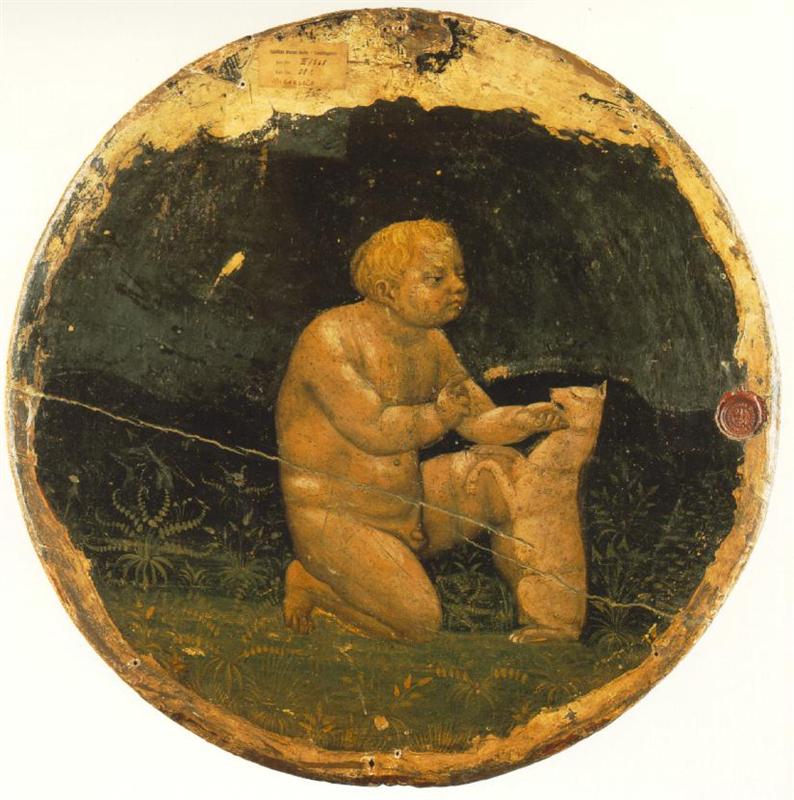 马萨乔（Masaccio，意大利，1401-1428）作品-Putto 和一只小狗 - 柏林 Tondo 的背面