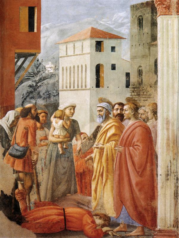 马萨乔（Masaccio，意大利，1401-1428）作品-施舍的分配和亚拿尼亚的死