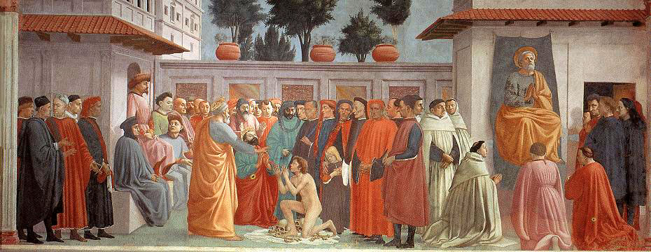 马萨乔（Masaccio，意大利，1401-1428）作品-提奥菲勒斯之子的抚养和圣彼得登基