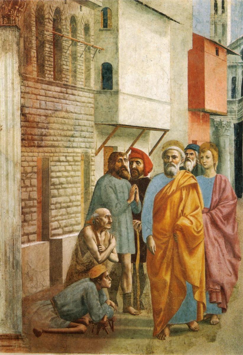 马萨乔（Masaccio，意大利，1401-1428）作品-圣彼得用他的影子医治病人