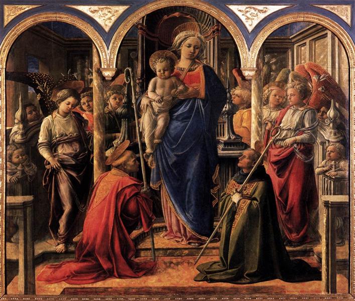 菲利波·里皮（Filippo Lippi ，1406-1469，意大利画家）作品-麦当娜和孩子与圣弗雷迪亚努斯和圣奥古斯丁