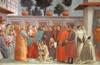 马萨乔（Masaccio，意大利，1401-1428）作品-提奥菲勒斯之子的抚养和圣彼得登基