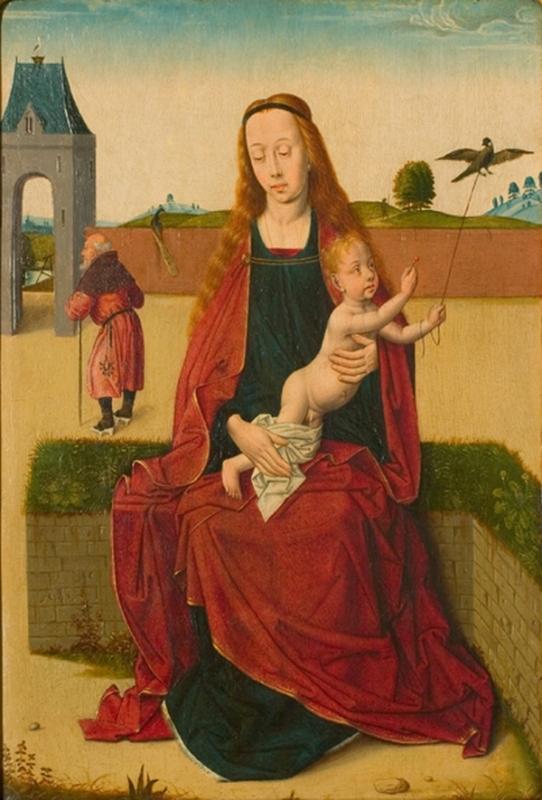 德克·布茨（Dirk Bouts，1415-1475，荷兰画家）作品-《麦当娜和孩子在草凳上》