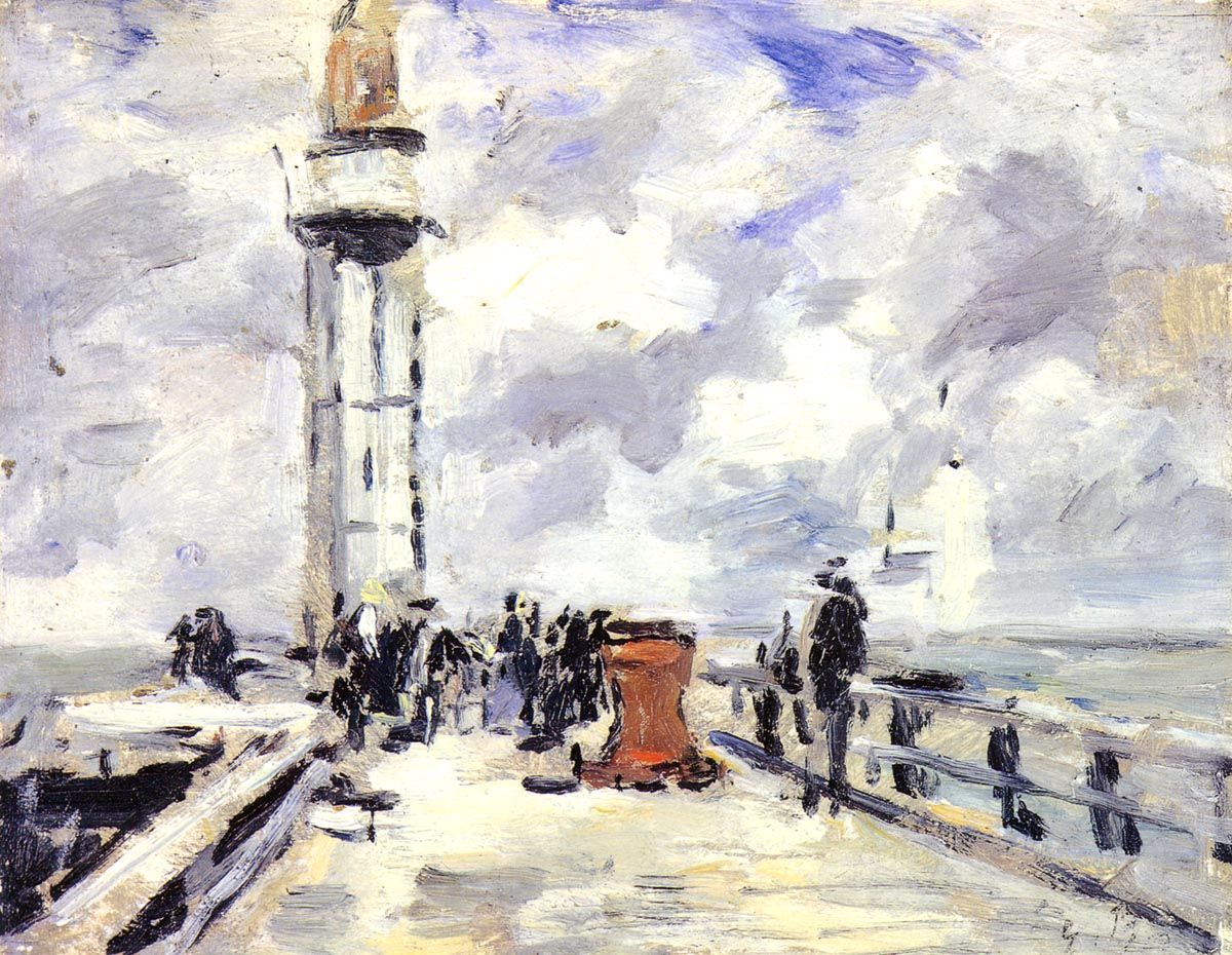 名画《翁费勒尔的堤岸和灯塔》 欧仁・布丹油画-法国