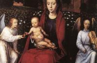 汉斯·梅姆林（Hans Memling，1430 – 1494 年，德国画家）作品-圣母子和两个天使在玫瑰园里