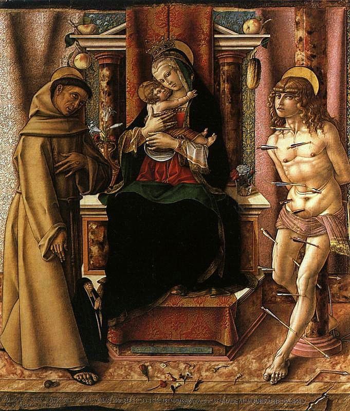 卡洛·克里维利（Carlo Crivelli，意大利画家，1435-1495）作品--圣母子与圣弗朗西斯和塞巴斯蒂安