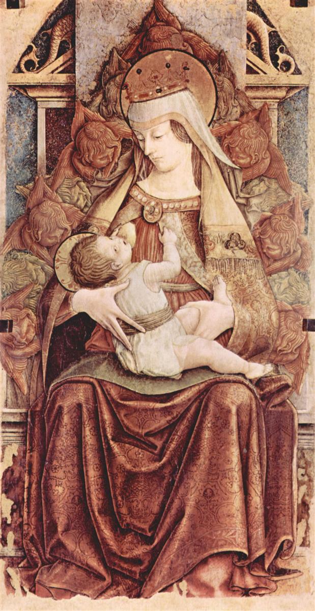 卡洛·克里维利（Carlo Crivelli，意大利画家，1435-1495）作品--Enthroned Madonna (Enthroned Maria lactans)