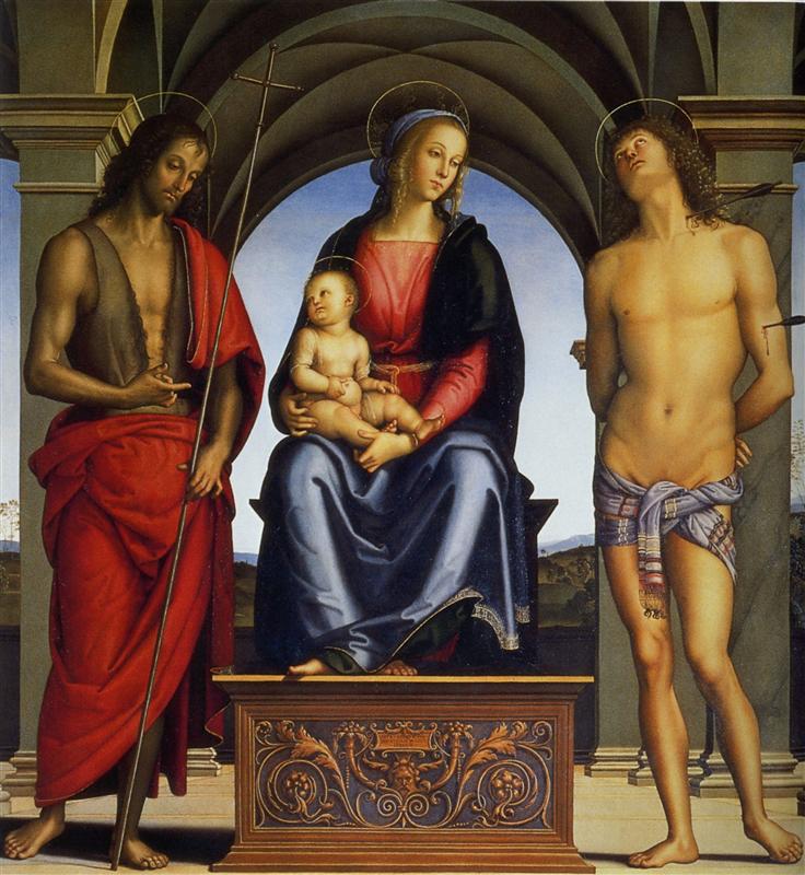 彼得罗·佩鲁吉诺（Pietro Perugino，意大利）-麦当娜和孩子与施洗者圣约翰和圣塞巴斯蒂安