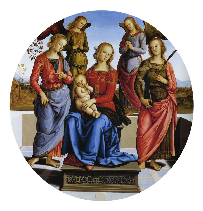 彼得罗·佩鲁吉诺（Pietro Perugino，意大利）-麦当娜与圣徒凯瑟琳和亚历山大的玫瑰以及两位天使一起登基