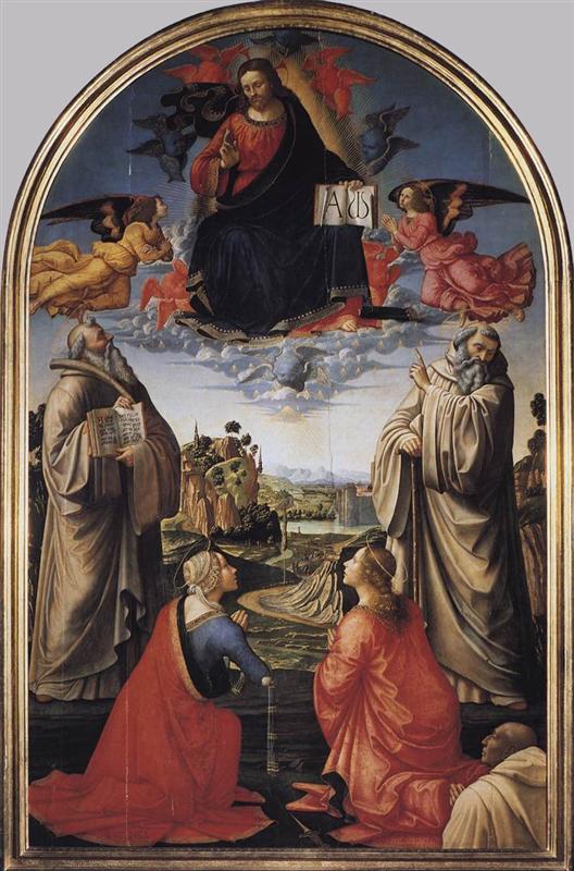 多梅尼哥·基尔兰达约（Domenico Ghirlandaio，1448-1494，意大利）作品-基督与圣本尼迪克特（c.480-547），圣罗穆尔德（c.952-1027），圣阿提尼亚，圣格雷西尼亚和捐赠者，方丈布恩维奇尼在一起