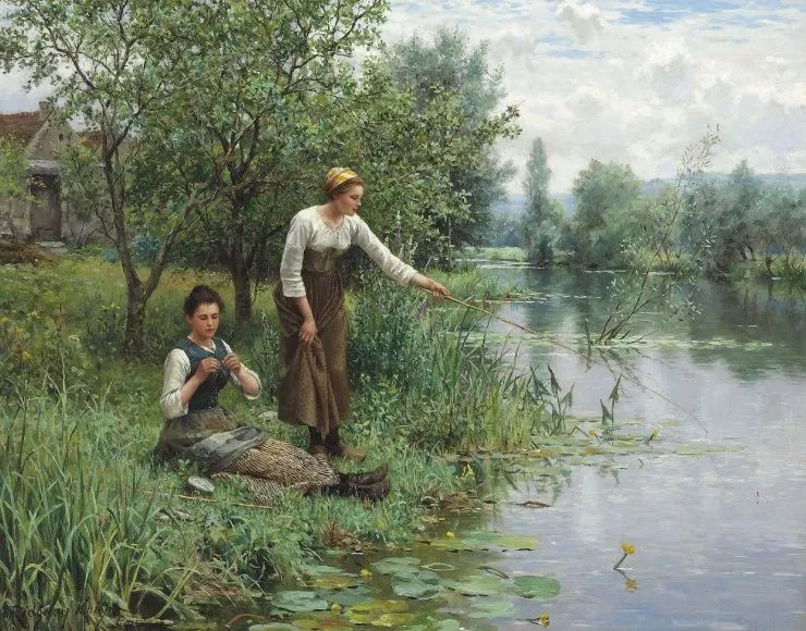 前1000幅世界名画-丹尼尔（Daniel Ridgway Knight,1839-1924）《两美人在垂钓》