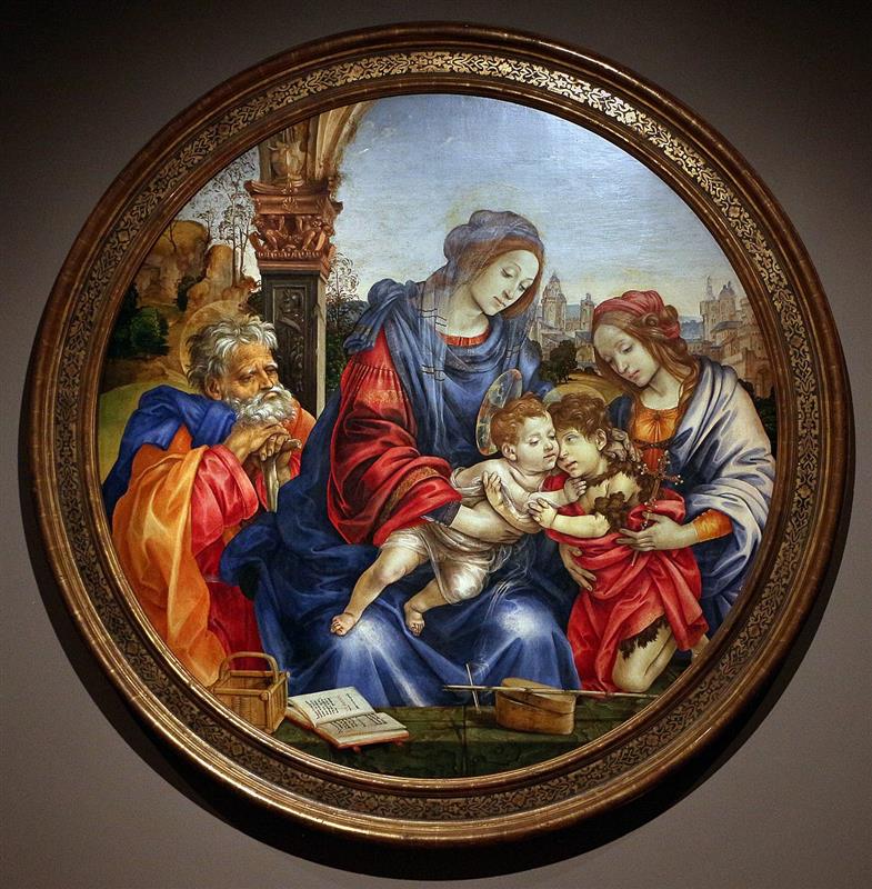 菲利皮诺·利皮（Filippino Lippi ，意大利，1457-1504）作品-圣家族与施洗者圣约翰和圣玛格丽特