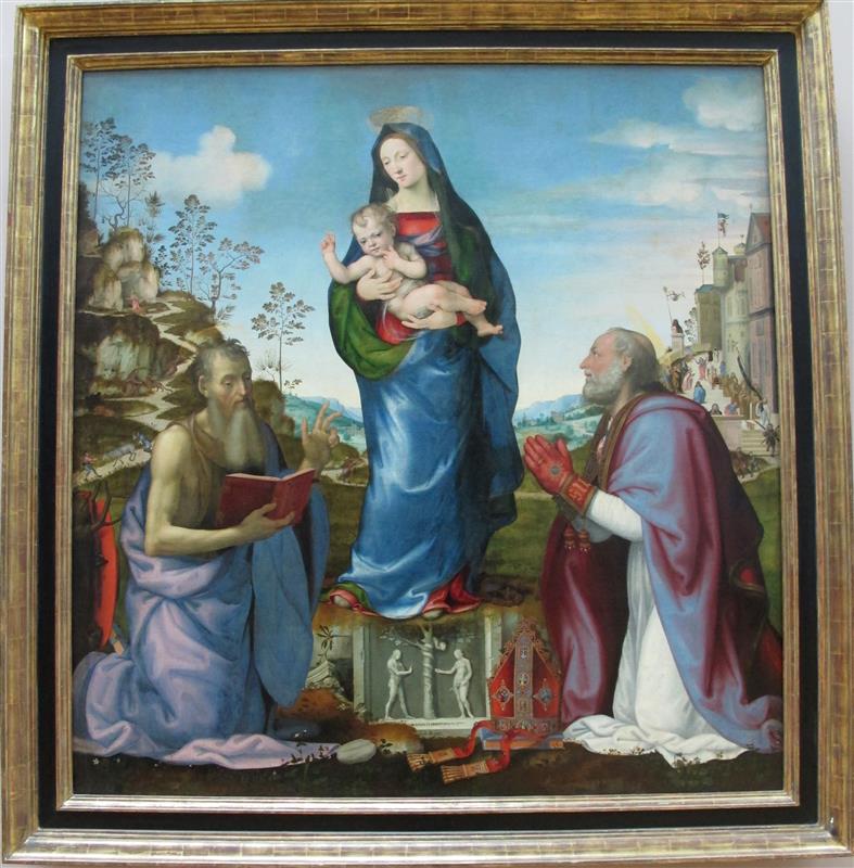 马里奥托·阿尔贝蒂内利（Marioto Albertinelli）作品-Mariotto Albertinelli E Franciabigio, Madonna Col Bambino Tra I Santi Girolamo E Zanobi