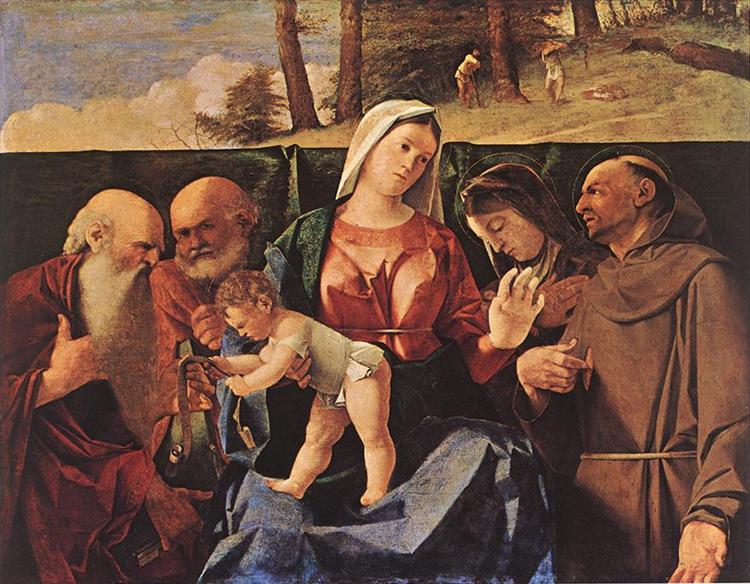 洛伦佐·洛托(Lorenzo Lotto)作品-圣母与圣子杰罗姆、彼得、克莱尔和弗朗西斯