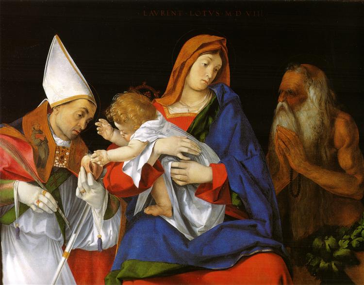 洛伦佐·洛托(Lorenzo Lotto)作品-圣母玛利亚与主教和圣奥努菲利斯