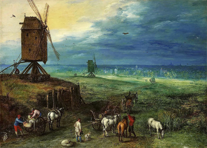 老彼得·勃鲁盖尔（Bruegel Pieter，荷兰）超清作品-《乡村里风车和马车》（082）