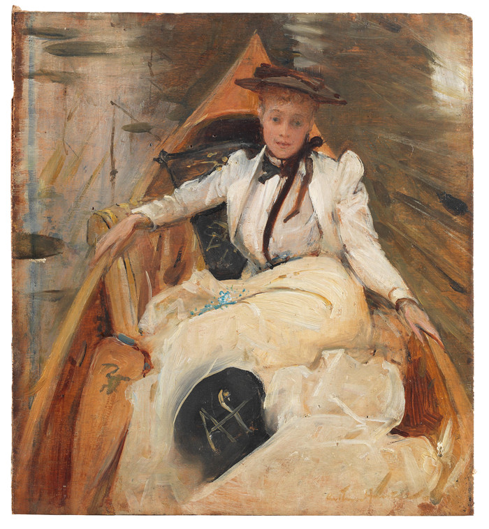 亚瑟·哈克 (Arthur Hacker)作品-一位躺在船上的女士, 1900年