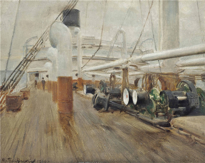 亚瑟·哈克 (Arthur Hacker)作品-维罗纳斯号的甲板，1909年