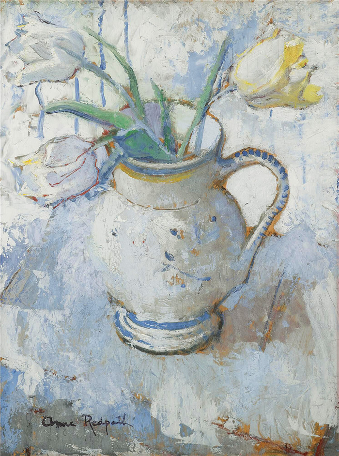 安妮·雷德帕斯(Anne Redpath)高清作品-White and Yellow Tulips in a Blue and White Jug