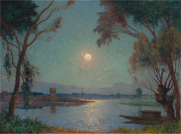 费迪南德·洛恩·杜·普伊高多（Ferdinand Loyen Du Puigaudeau）作品-明月下的卢瓦尔河岸