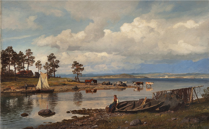 汉斯·古德（Hans Gude）风景油画作品-Fjordlandskap med folkeliv (1875)
