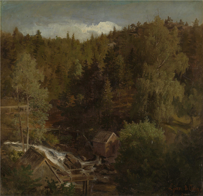 汉斯·古德（Hans Gude）风景油画作品-《带磨坊的风景》
