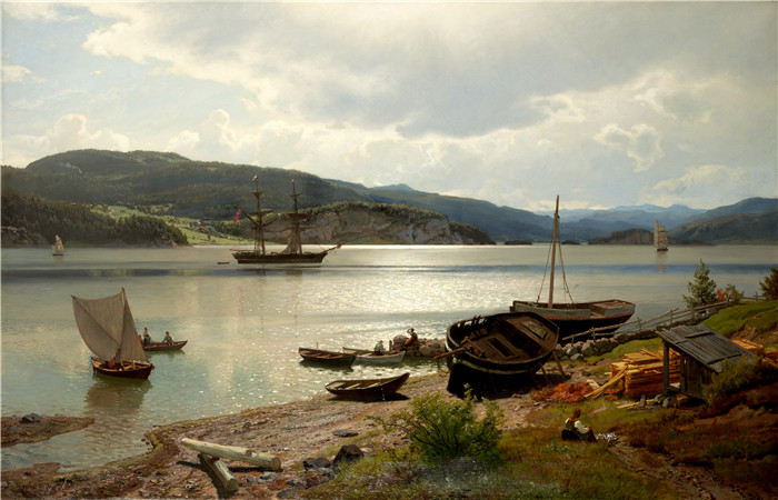 汉斯·古德（Hans Gude）风景油画作品-《水边》