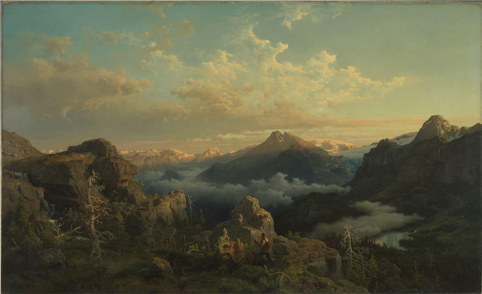 汉斯·古德（Hans Gude）风景油画作品-日出中的挪威高地
