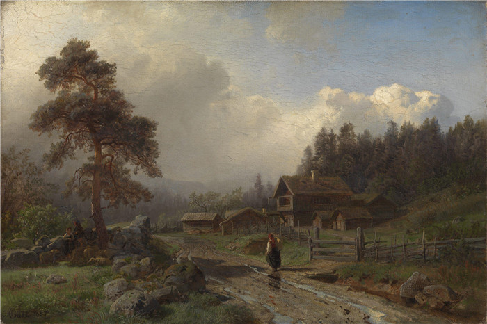 汉斯·古德（Hans Gude）风景油画作品-挪威雨中风景