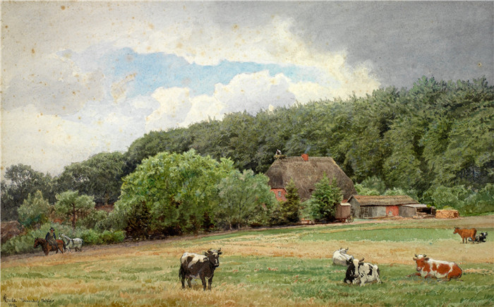 汉斯·古德（Hans Gude）风景油画作品-奶牛农场（1892）