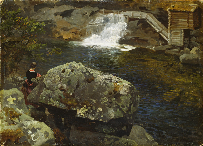 汉斯·古德（Hans Gude）风景油画作品-磨坊池塘边 By the Mill Pond 