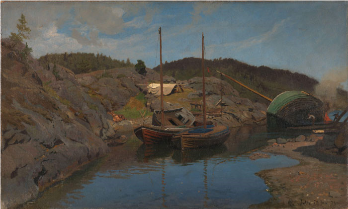 汉斯·古德（Hans Gude）风景油画作品-领航船