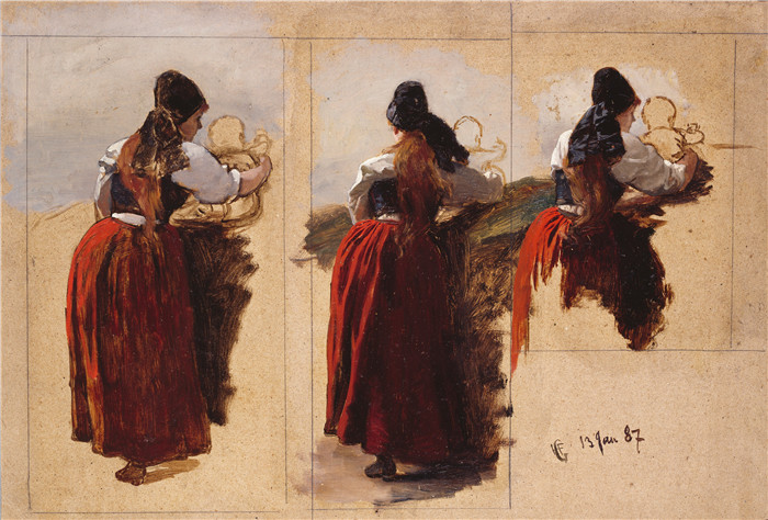 汉斯·古德（Hans Gude）风景油画作品-女性研究