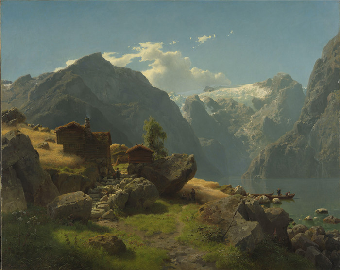 汉斯·古德（Hans Gude）风景油画作品-农庄湖泊