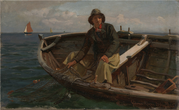 汉斯·古德（Hans Gude）风景油画作品-吕根的渔夫（1882）