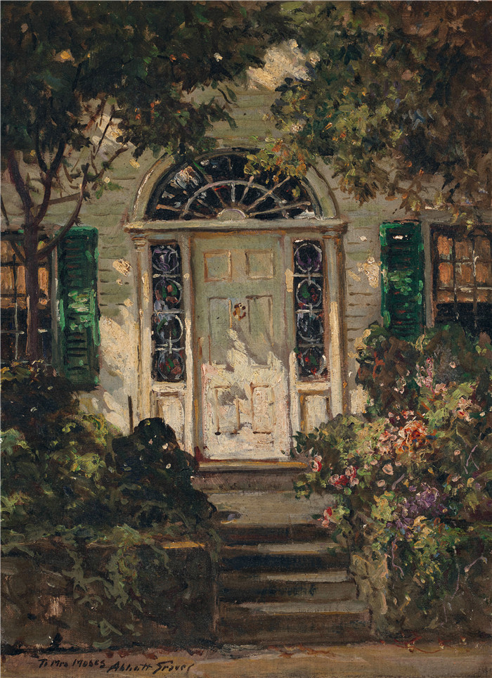 阿博特·富勒·格拉夫（Abbott Fuller Graves）油画-缅因州奥甘奎特门口，约1925年