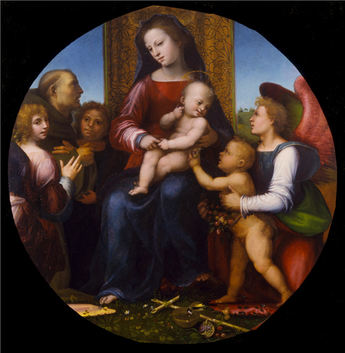 弗拉·巴托洛梅奥（Fra Bartolommeo）-圣母子与婴儿施洗者圣约翰、圣弗朗西斯和三位天使，约 1510 年
