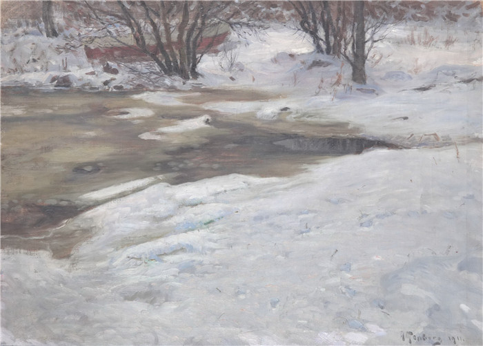 安东·亨伯格（Anton Genberg )风景作品-带水道的冬季景观，1911年