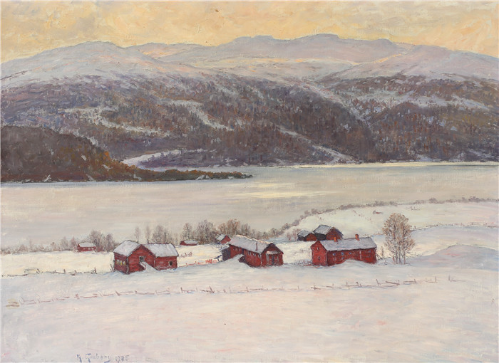 安东·亨伯格（Anton Genberg )风景作品-冬天的红房子