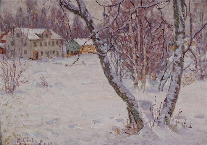 安东·亨伯格（Anton Genberg )风景作品-以房屋为背景的冬季. 39 x 55 cm