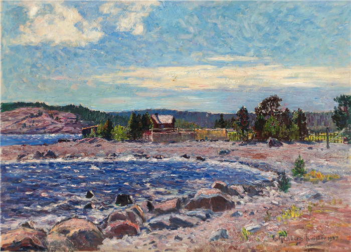 安东·亨伯格（Anton Genberg )风景作品-河流农庄1937. Panel 50 x 70 cm