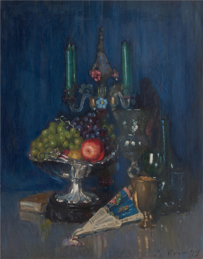 帕特里克·威廉·亚当（Patrick William Adam）作品下载-《水果和坎德拉布拉的静物》，1929年