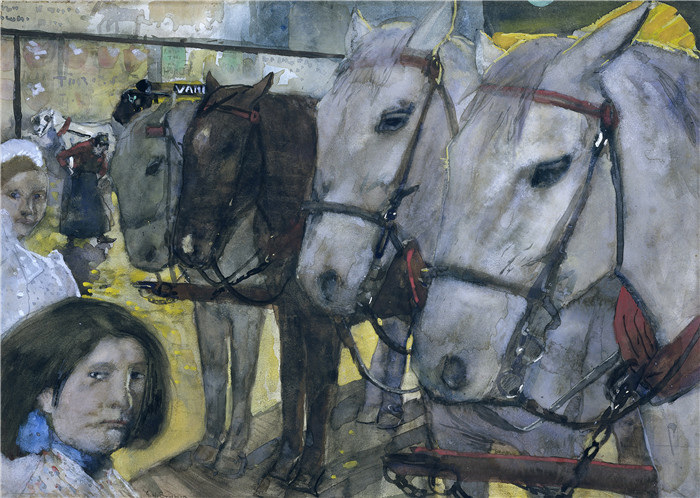 乔治·亨德里克·布莱特纳（George Hendrik Breitner）作品-阿姆斯特丹大坝广场上的马