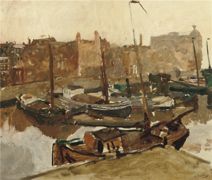 乔治·亨德里克·布莱特纳（George Hendrik Breitner）作品-停泊在Damrak上的船只，远处是阿姆斯特丹的维多利亚酒店