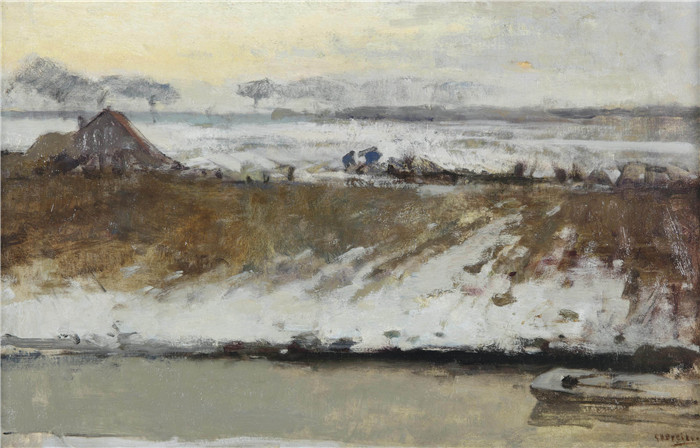 乔治·亨德里克·布莱特纳（George Hendrik Breitner）作品-日落时雪地里的农舍